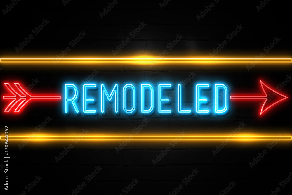 Remodeled - fluorescent Neon Sign on brickwall Front view Remodeled - fluorescent Neon Sign on brickwall Front view