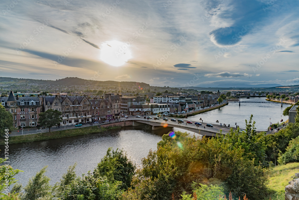 panorama of the city of Inverness in Scotland, on the banks of Loch Ness lake