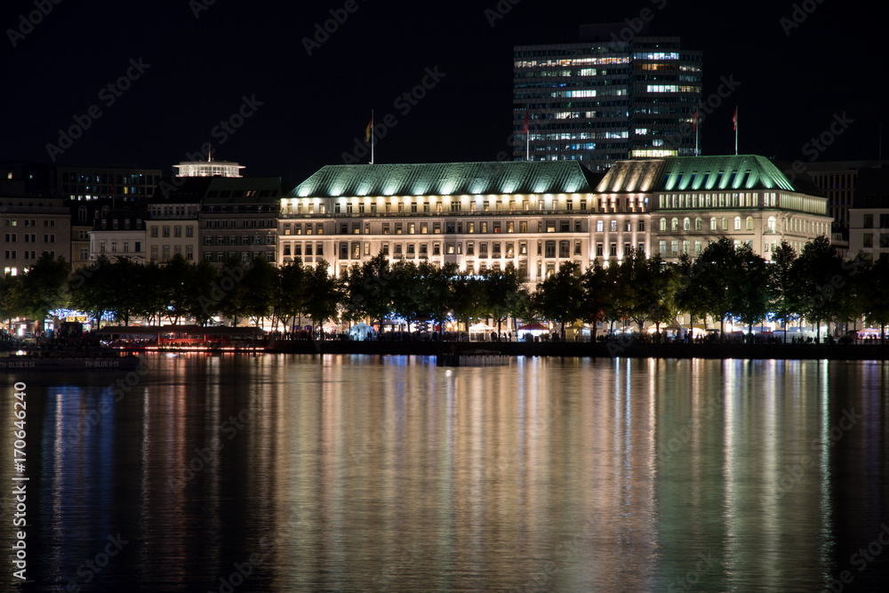 nightly panorama of Hamburg - Inner City with laser beam