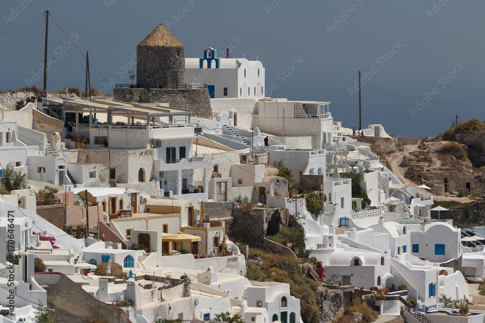 View to hotels of Imerovigli village, Santorini island, Greece View to hotels of Imerovigli village, Santorini island, Greece
