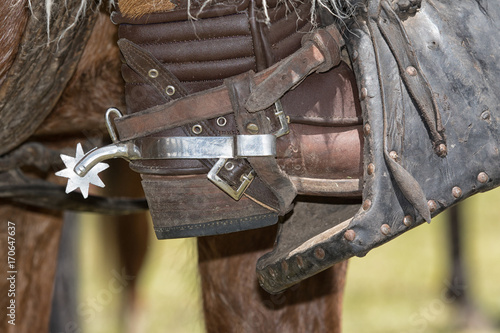 metal spur on leather boot worn at the rodeos