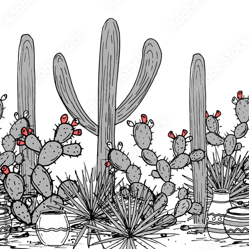 Hand drawn seamless pattern with jars, saguaro, blue agave, and and prickly pear. Latin American background. Mexican landscape Vector illustration.