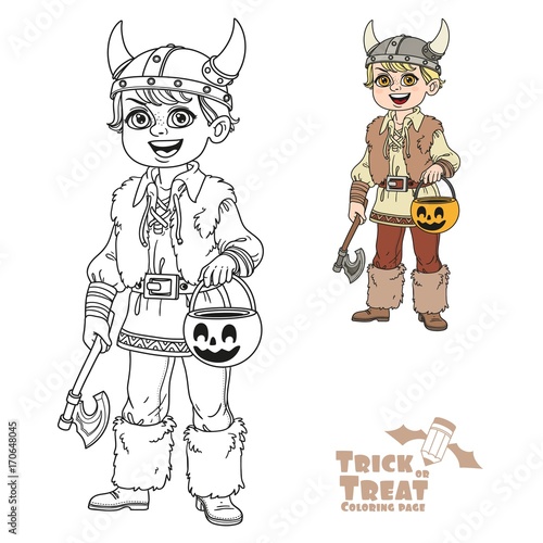 Cute boy in viking costume with a pumpkin bag for sweets trick or treat color and outlined for coloring page
