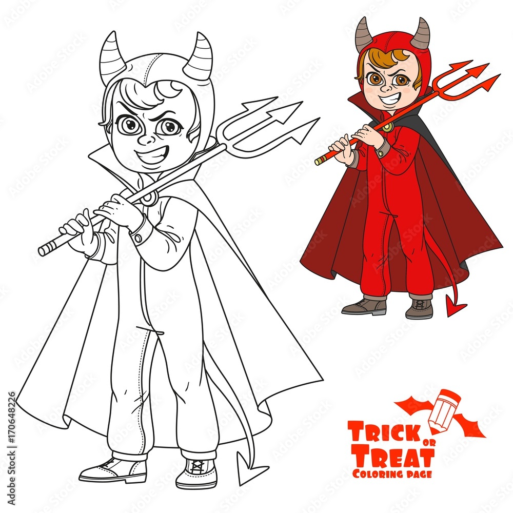 Cute boy in overalls devil costume with a trident in his hand  trick or treat color and outlined for coloring page