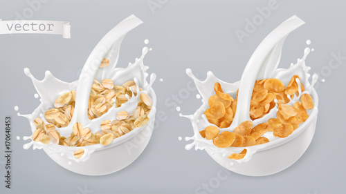 Vászonkép Rolled oats and milk splashes