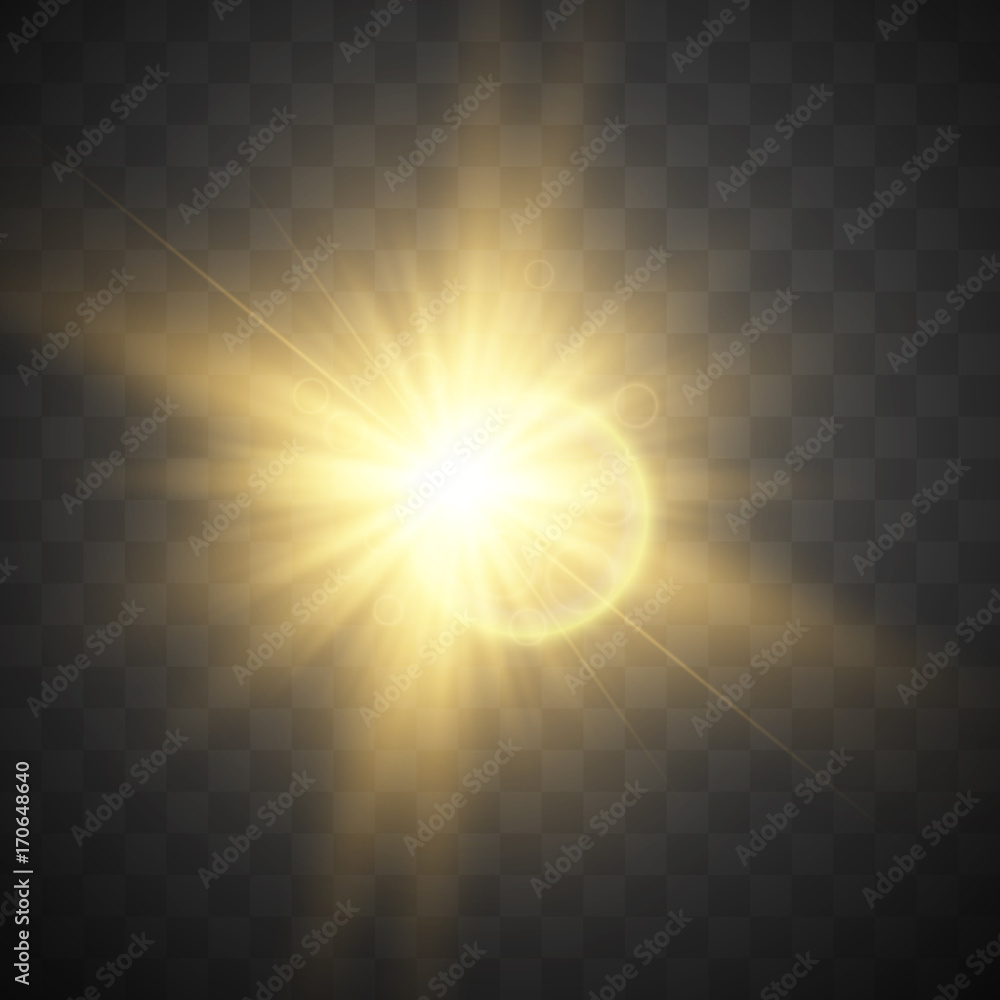 Shining vector golden sun with light effects isolated on transparent background. Vector illustration. Shining vector golden sun with light effects isolated on transparent background. Vector illustration.