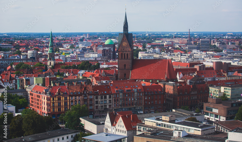 Naklejka premium Beautiful super wide-angle summer aerial view of Hannover, Germany, Lower Saxony, seen from observation deck of New Town Hall, Hanover