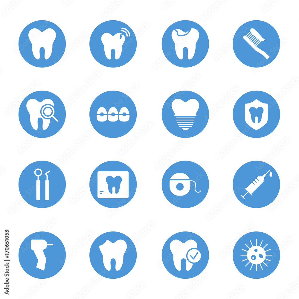 Dental care, teeth circular icons set