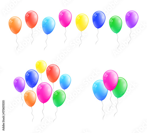 Bunches of colorful helium balloons. Vector.