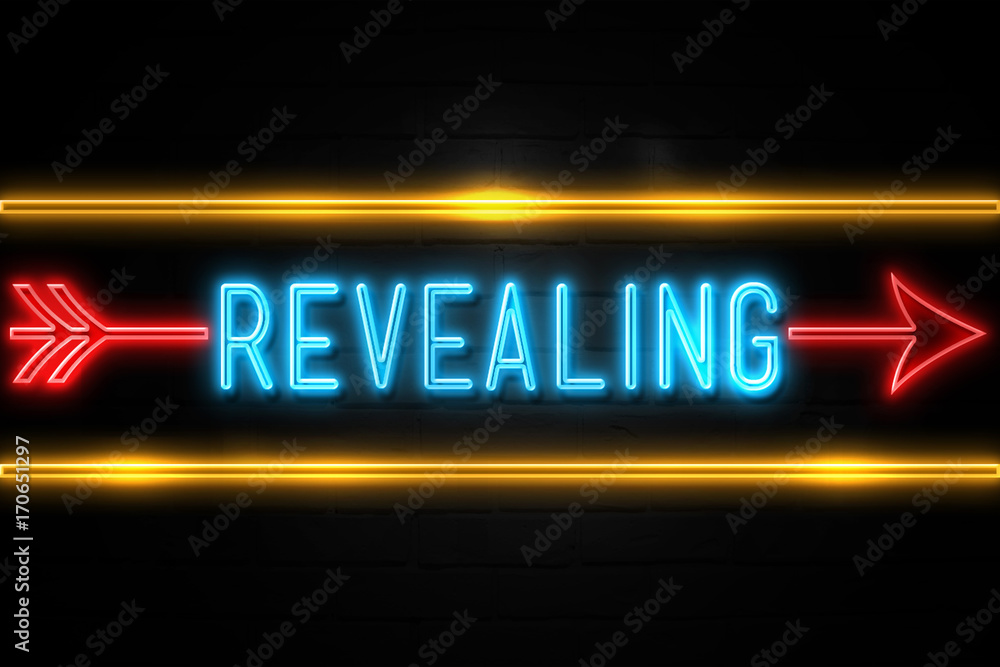 Revealing  - fluorescent Neon Sign on brickwall Front view