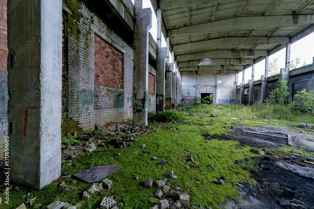 Abandoned factory covered in green moss Abandoned factory covered in green moss