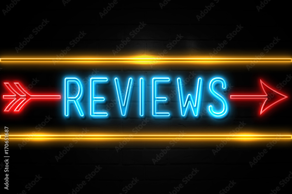 Reviews  - fluorescent Neon Sign on brickwall Front view