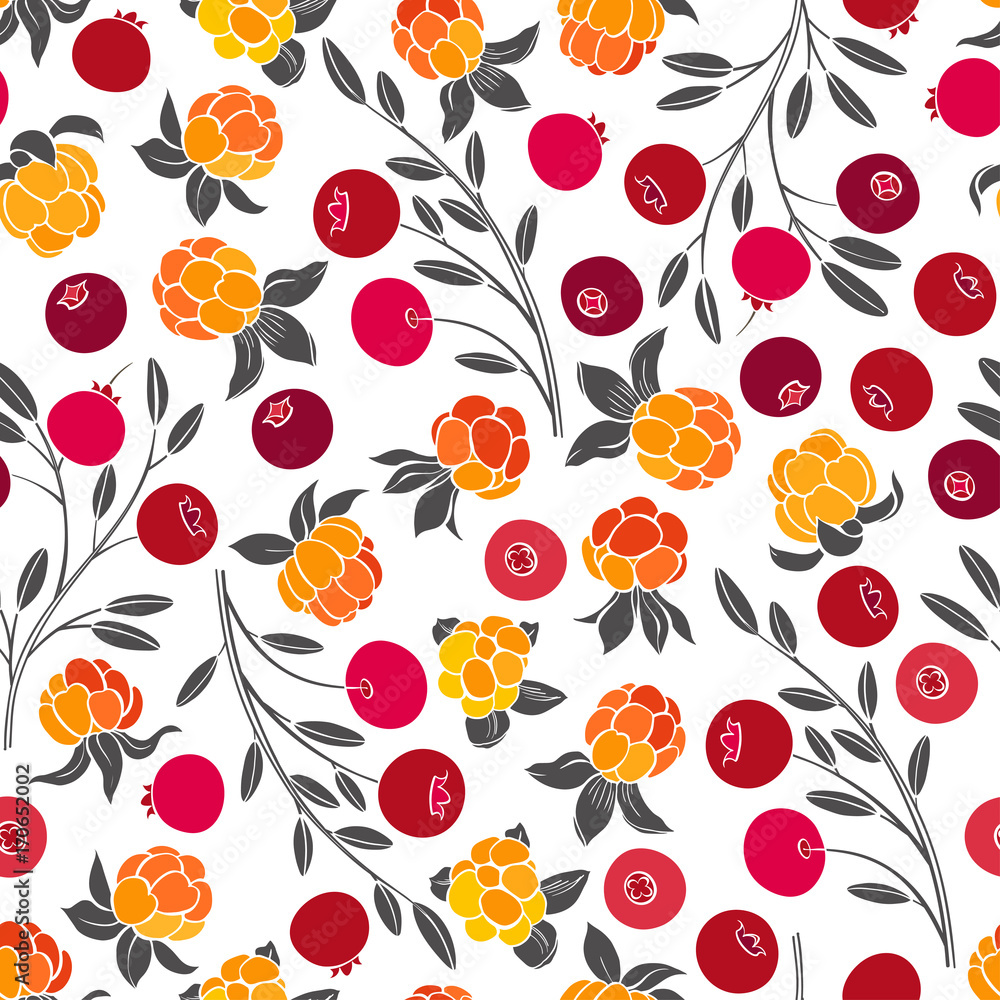 Seamless vector pattern with cranberry and cloudberry on a white background. Northern berries. Seamless vector pattern with cranberry and cloudberry on a white background. Northern berries.
