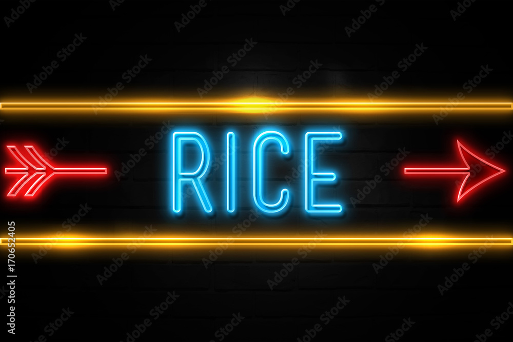 Obraz premium Rice - fluorescent Neon Sign on brickwall Front view