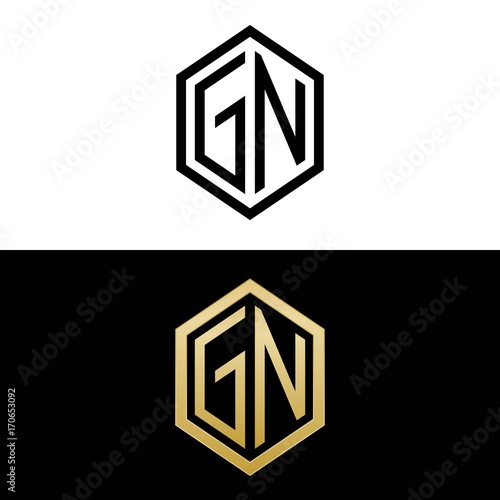 initial letters logo gn black and gold monogram hexagon shape vector photo