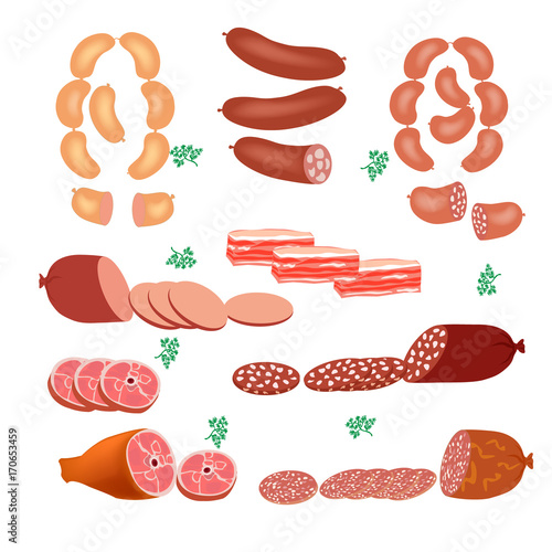 Set of sausage. Bacon smoked, ham. Sausage Isolated on a white background. Vector illustration photo