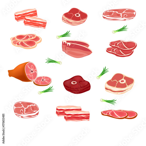 Meat. Fresh raw meat isolated on white background. Meat products vector icon set. Vector illustration.