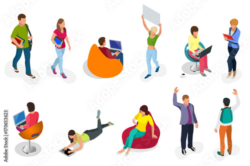 Isometric set of students with gadgets and books. Isometric young people, teenagers and students. Learning, education and school concept. on white background isolated.