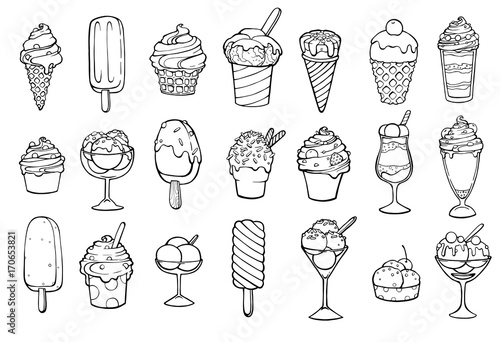 Icon set of ice frozen desserts cream, waffle cone, ice cream with caramel or chocolate. ice cream with nuts,sweet vanilla whipped cream and fruit ice. Vector illustration, lines on a white background