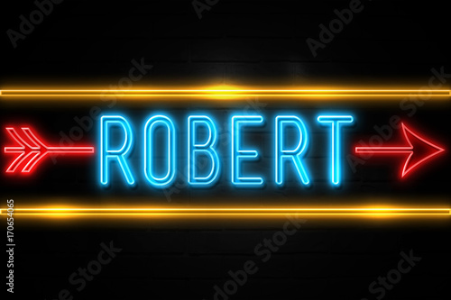 Schilderij op canvas Robert  - fluorescent Neon Sign on brickwall Front view