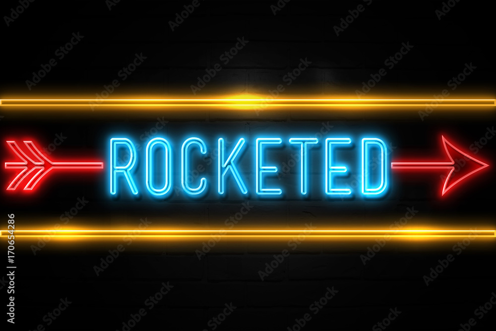 Rocketed  - fluorescent Neon Sign on brickwall Front view