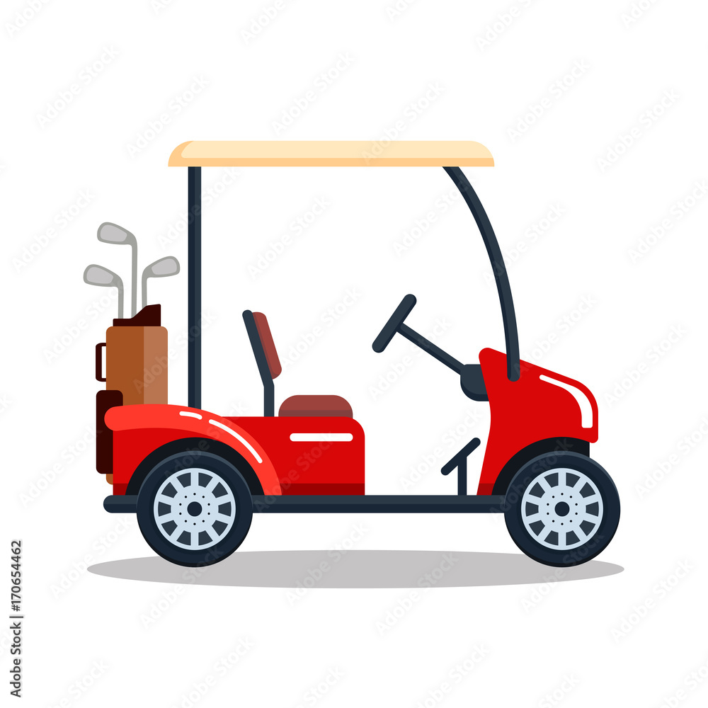 Vector electric golf car with golf club bag. Transport, vehile isolated on white background