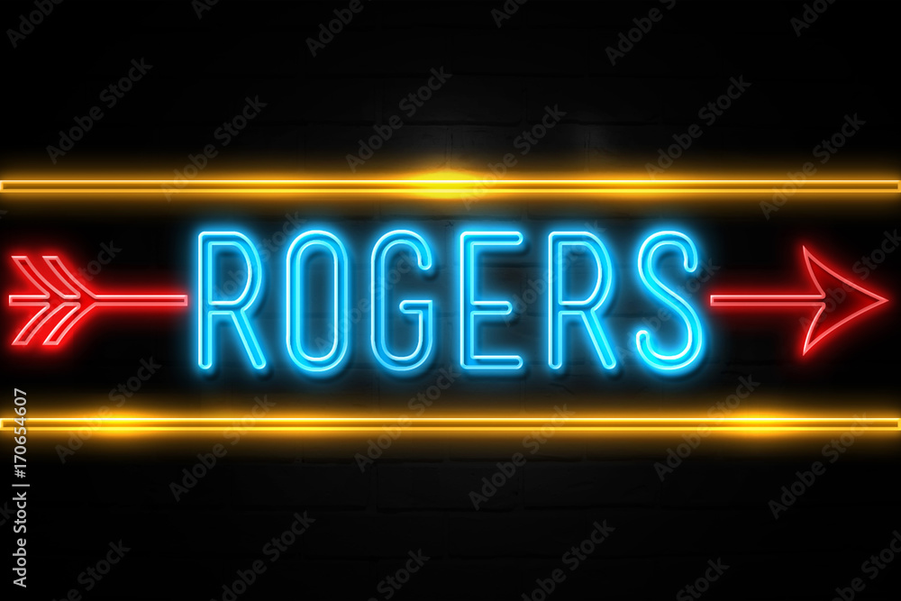 Rogers  - fluorescent Neon Sign on brickwall Front view