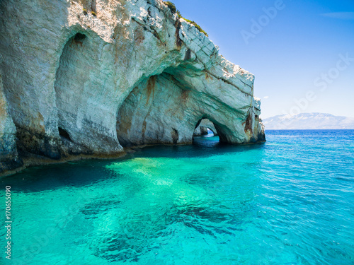 Aerial  view of  Agios Nikolaos blue caves  in Zakynthos (Zante) island, in Greece photo