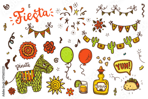 Hand drawn doodle Mexican holidays  icons vector set