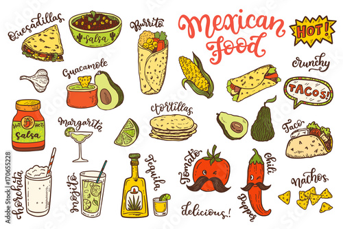 Mexican cuisine, sketch doodle food set
