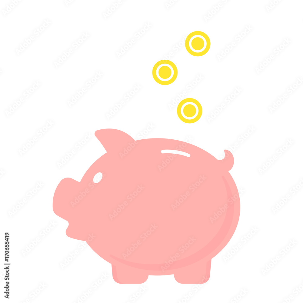 Piggy bank with falling coins. Vector icon. Save money Piggy bank with falling coins. Vector icon. Save money