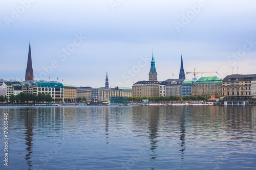 View of Hamburg historical center downtown with Alster Lake and Town Hall, Germany © tsuguliev