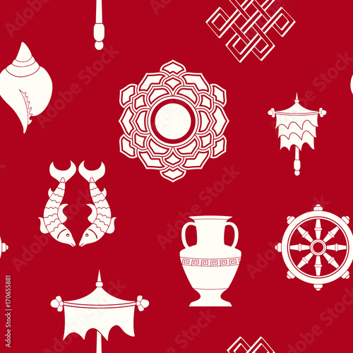 Seamless pattern with Eight Auspicious Symbols of Buddhism for your design