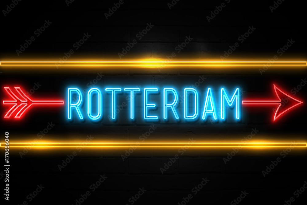 Rotterdam  - fluorescent Neon Sign on brickwall Front view