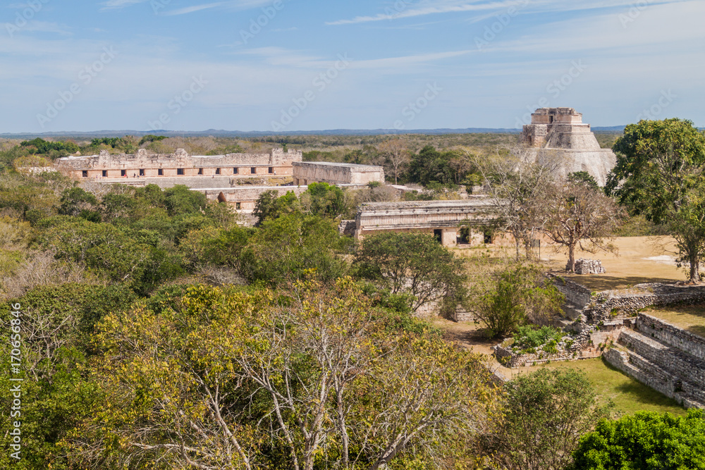Aerial view of the ruins of the ancient Mayan city Uxmal, Mexico