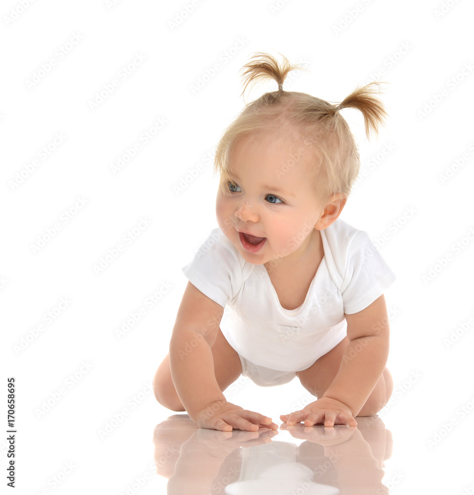 Infant child baby girl toddler crawling happy looking at the corner ...