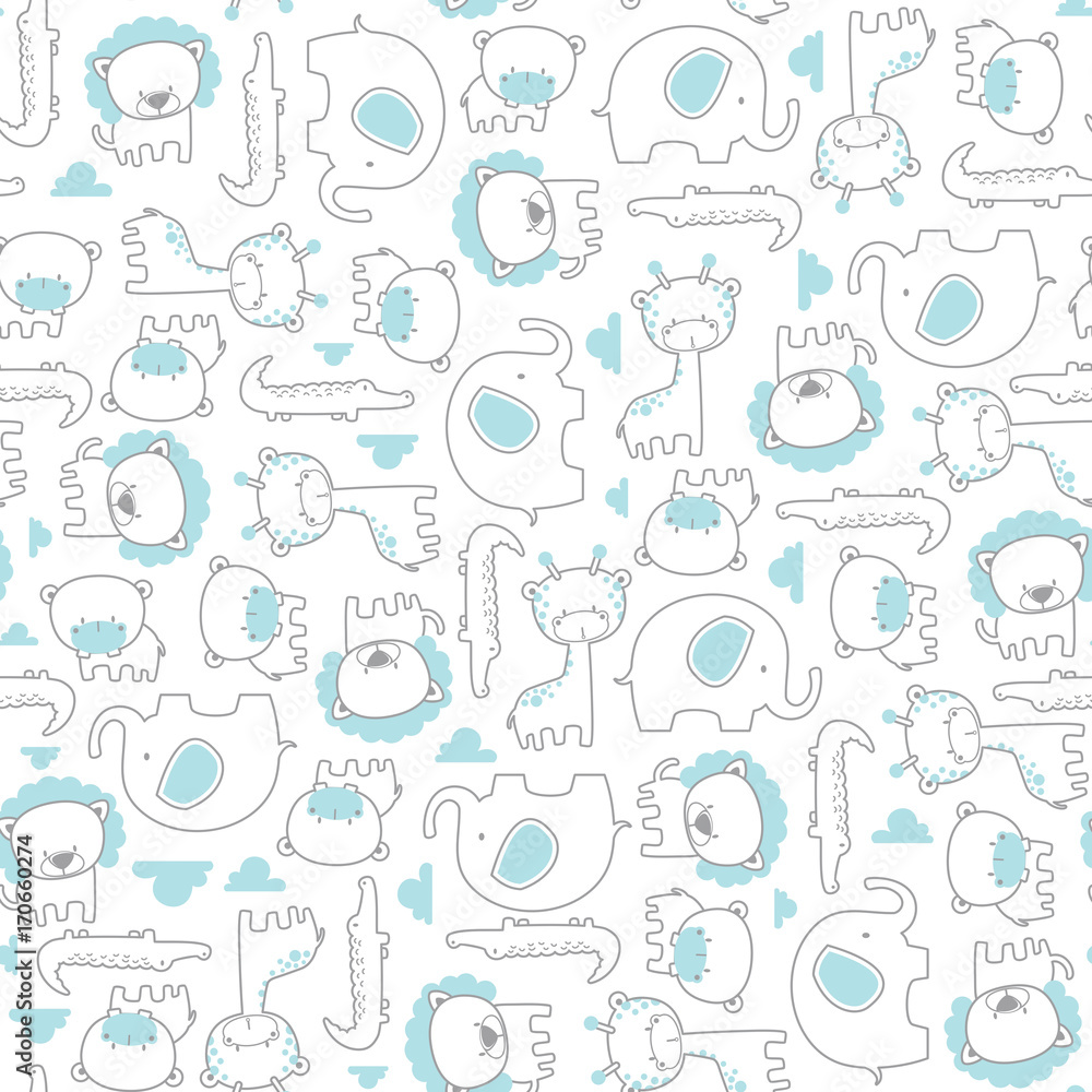 illustration of seamless pattern with cute safari baby animals with clouds white background, design for children, ideal for nursery art decoration or scrapbook projects illustration of seamless pattern with cute safari baby animals with clouds white background, design for children, ideal for nursery art decoration or scrapbook projects