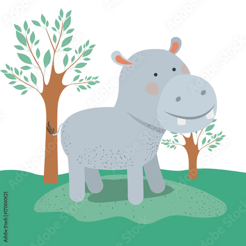 hippopotamus animal caricature in forest landscape background vector illustration