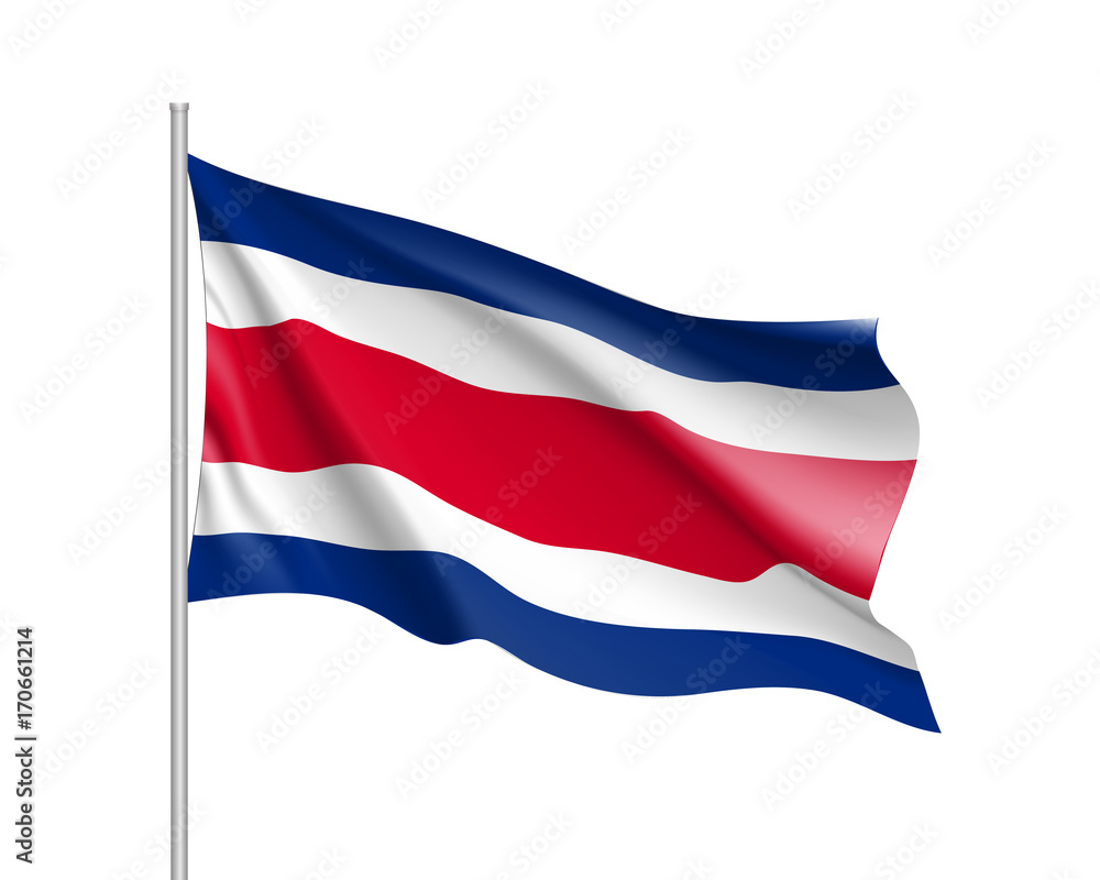 Waving flag of Costa Rica. Illustration of North America country flag on flagpole. 3d vector icon isolated on white background Waving flag of Costa Rica. Illustration of North America country flag on flagpole. 3d vector icon isolated on white background