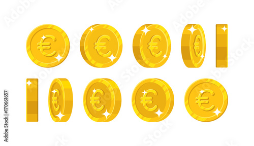 Gold euro views cartoon style isolated. The gold euro is at different angles around its axis for designers and illustrators. Rotation of a gold coin in the form of a vector illustration