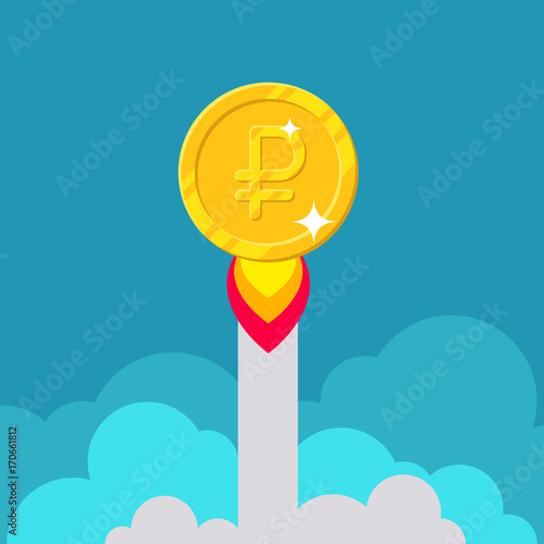 Ruble coin rocket starting. Startup success, fast growing income. Business finance and economy concept. Cartoon vector illustration isolated on blue background
