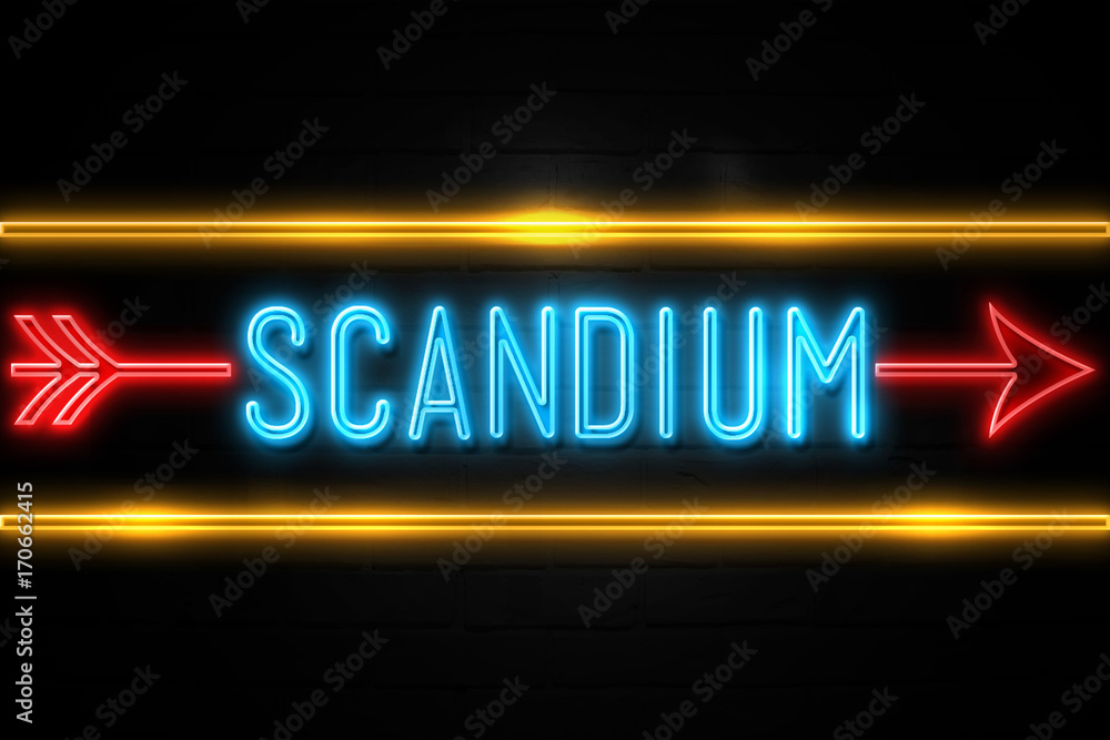 Scandium  - fluorescent Neon Sign on brickwall Front view
