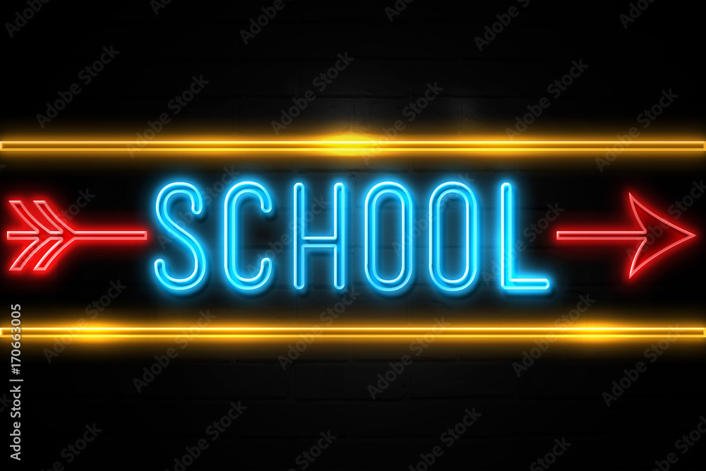 School  - fluorescent Neon Sign on brickwall Front view