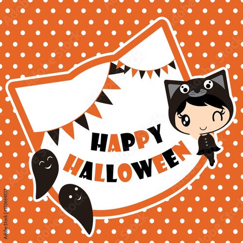 Cute black cat girl with ghosts on polka dot background vector cartoon illustration for halloween card design, wallpaper and kid t-shirt design