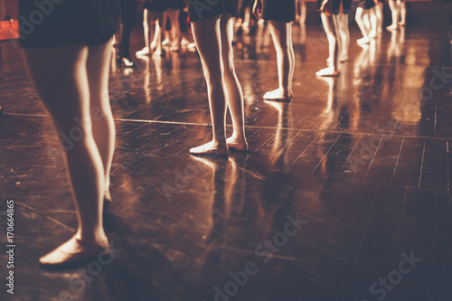 legs of young dancers ballerinas in class classical dance, ballet , Thailand , Color Black and White Style with copyspace