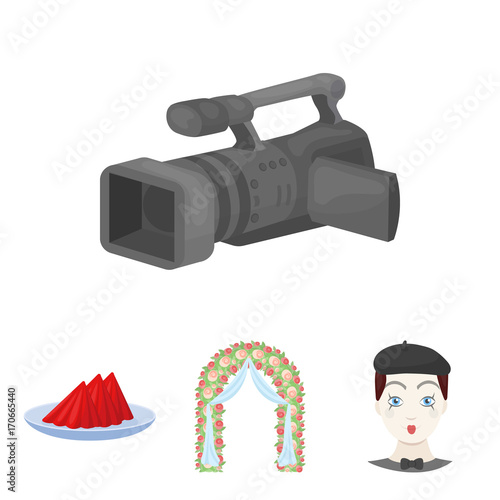 The arch is decorated with roses and silk, a clown in a cap, a plate with red napkins, a video camera. Event services set collection icons in cartoon style vector symbol stock illustration web.