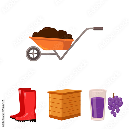 Hive, grapes, boots, wheelbarrow.Farm set collection icons in cartoon style vector symbol stock illustration web.