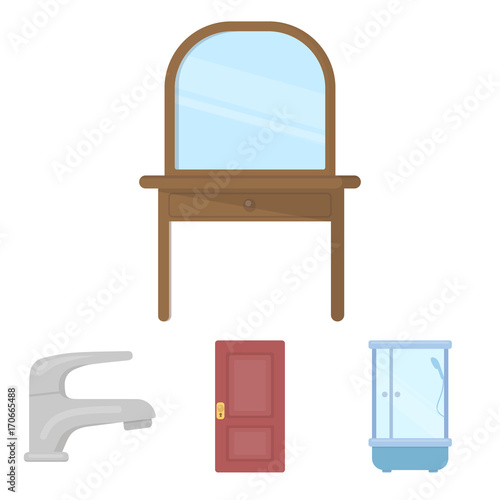 Door, shower cubicle, mirror with drawers, faucet.Furniture set collection icons in cartoon style vector symbol stock illustration web.
