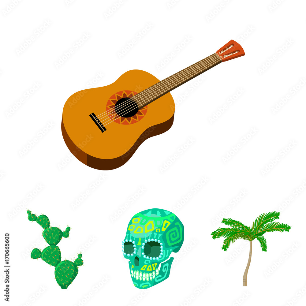 Green skull with a picture, a palm tree, a guitar, a national Mexican  instrument, a cactus with spines. Mexico country set collection icons in  cartoon style vector symbol stock illustration web. Stock