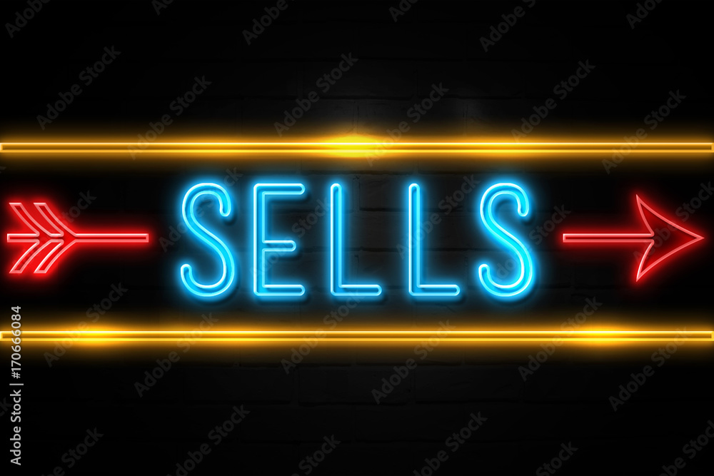Sells  - fluorescent Neon Sign on brickwall Front view